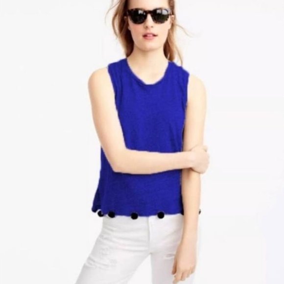 J. Crew Tops - JCREW LINEN BLUE TANK TOP WITH BLACK POM POMS